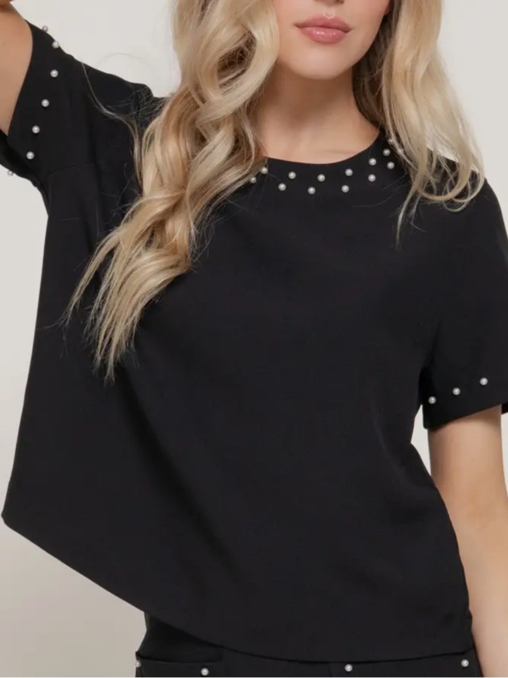 ShopEvelynne Black Short Sleeve Top with Pearl Trim